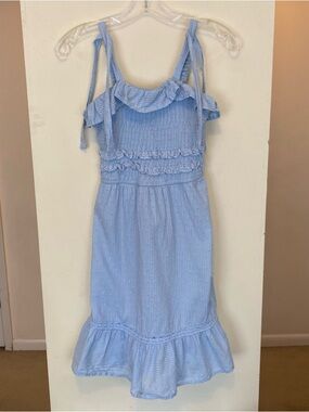 Jessica Simpson Blue Swiss Dot Smocked Stretch Cotton Ruffle Dress Women’s Small